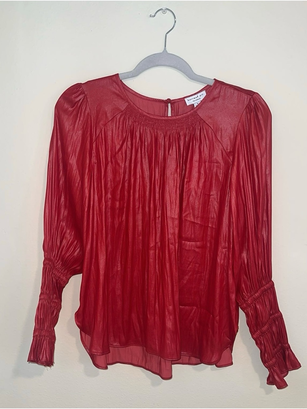 Current Air Red Pleated Long-Sleeve Blouse with Smocked Cuffs
